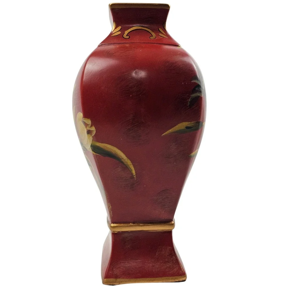 Vintage Style Hand Painted Floral Red Decorative Vase Gold Trim 12.5 Inch